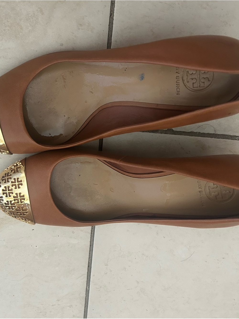 Tory Burch Leather Tan Women's Ballet Flats with Gold Cap Toe